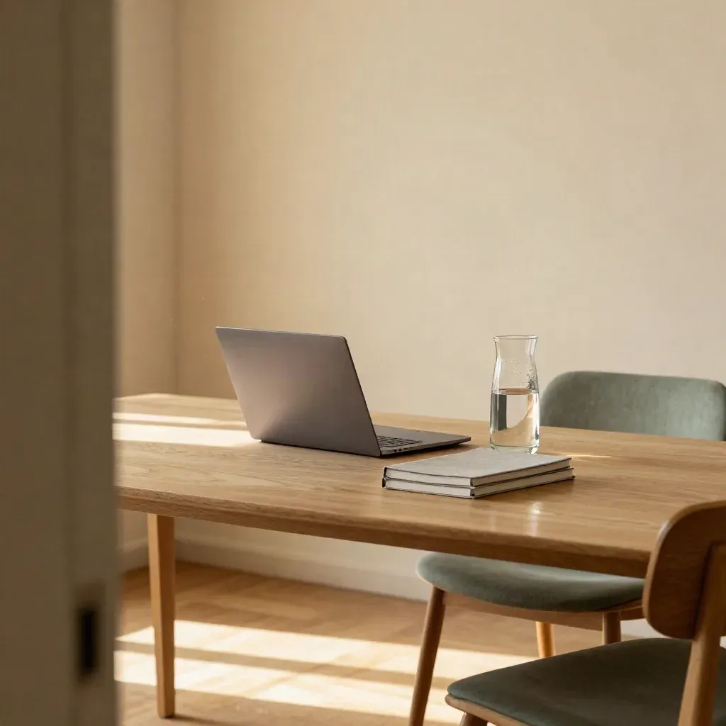 Sala compacta de fundadores com notebook fechado, cadernos, jarra d’água e cadeira puxada para trás.