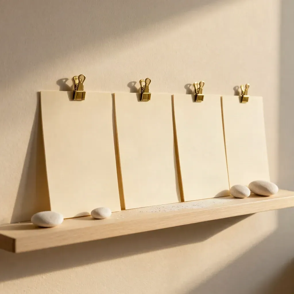 Parede de planejamento com cartões em branco, clipes de latão e pedras sobre gesso claro.