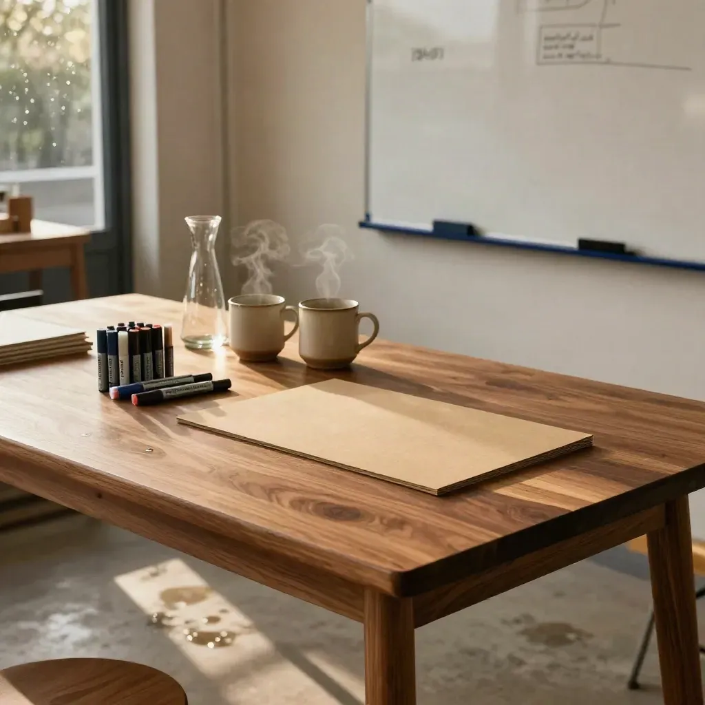 Mesa de workshop em nogueira com cartões kraft, canecas, marcadores e quadro móvel ao fundo