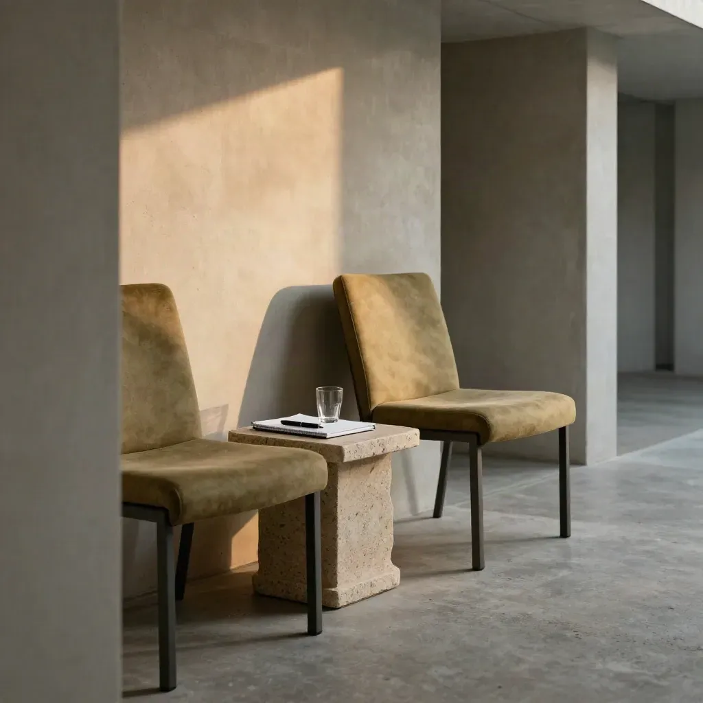 Duas cadeiras e uma mesa lateral com caderno fechado, caneta e copo num corredor vazio.