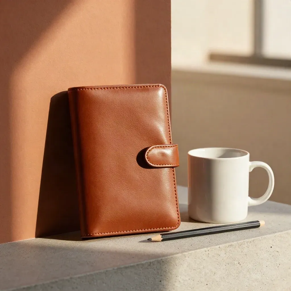 Portfólio de couro, lápis e caneca sobre concreto com luz dourada da tarde.