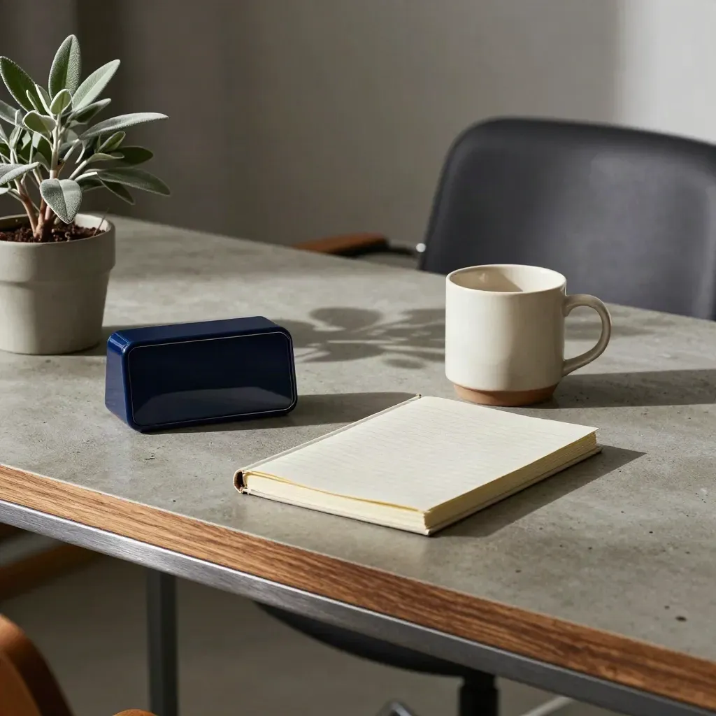 Mesa de supervisão com timer, caneca, caderno fechado e planta ao lado da cadeira.